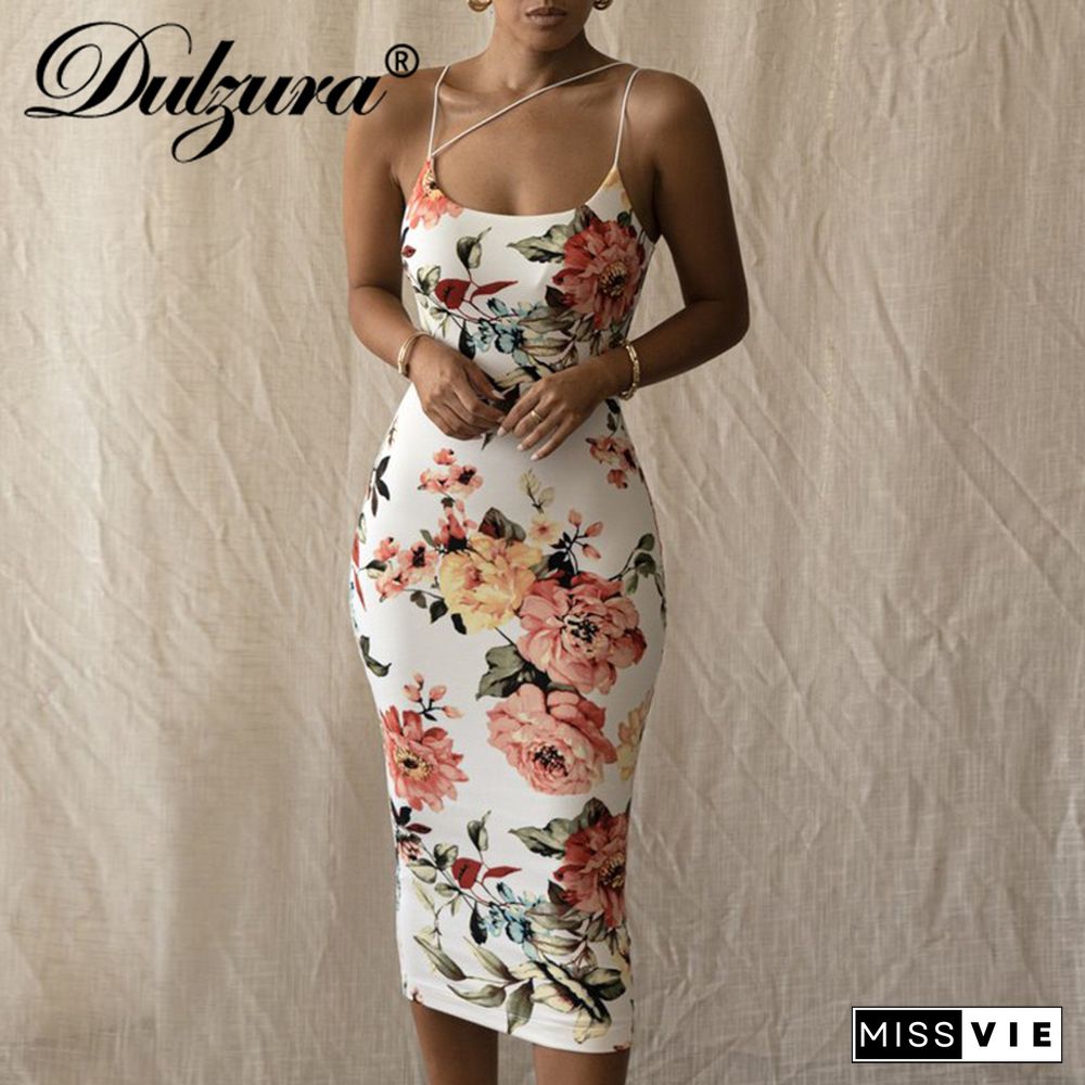 Dulzura Flower Print Women Strap Midi Dress Bodycon Sexy Streetwear Party Club Elegant Vintage Summer Clothes Fashion