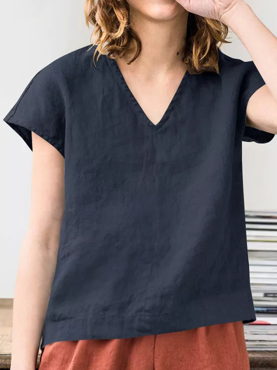 Casual Solid Color V-Neck Short Sleeve Blouse