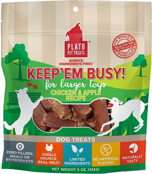 Plato Keep Em' Busy Chicken and Apple Toy Refill Grain-Free Dog Treats， 5-oz bag， Large