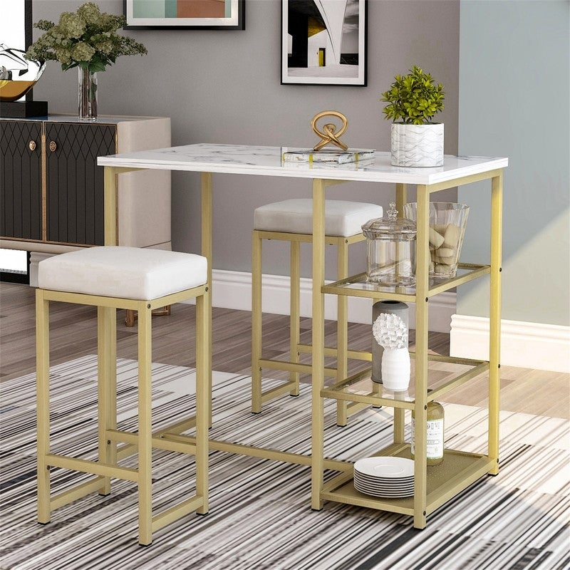 3 piece vintage bar set with natural wood countertops and 2 bar stools /3 storage shelves. (White/Gold)