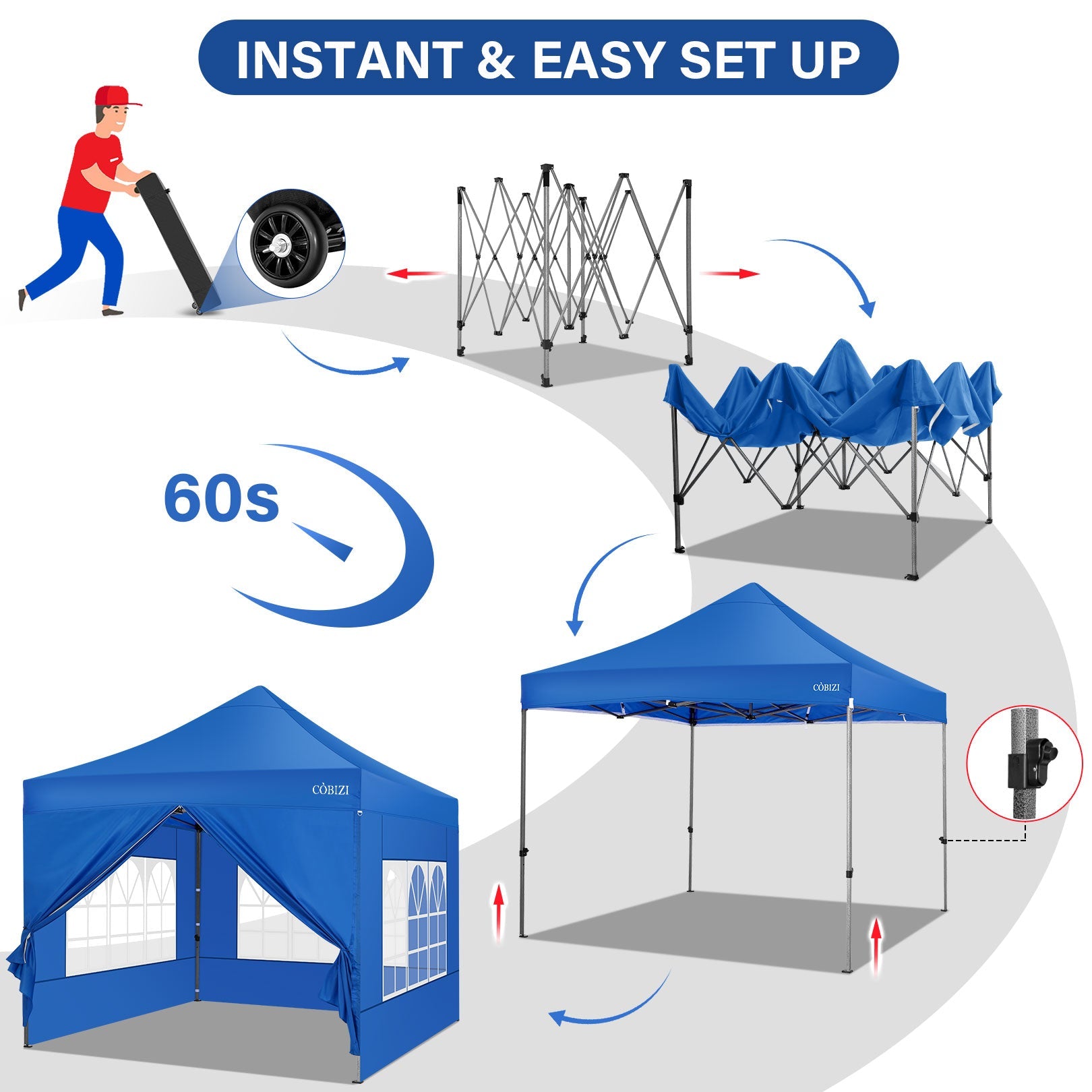 10 x 10ft Pop Up Canopy Tent Instant Outdoor Party Heavy Duty Canopy Straight Leg Commercial Gazebo Tent Shelter with 4 Removable Sidewalls, 4 Sand Bags, Roller Bag, Blue