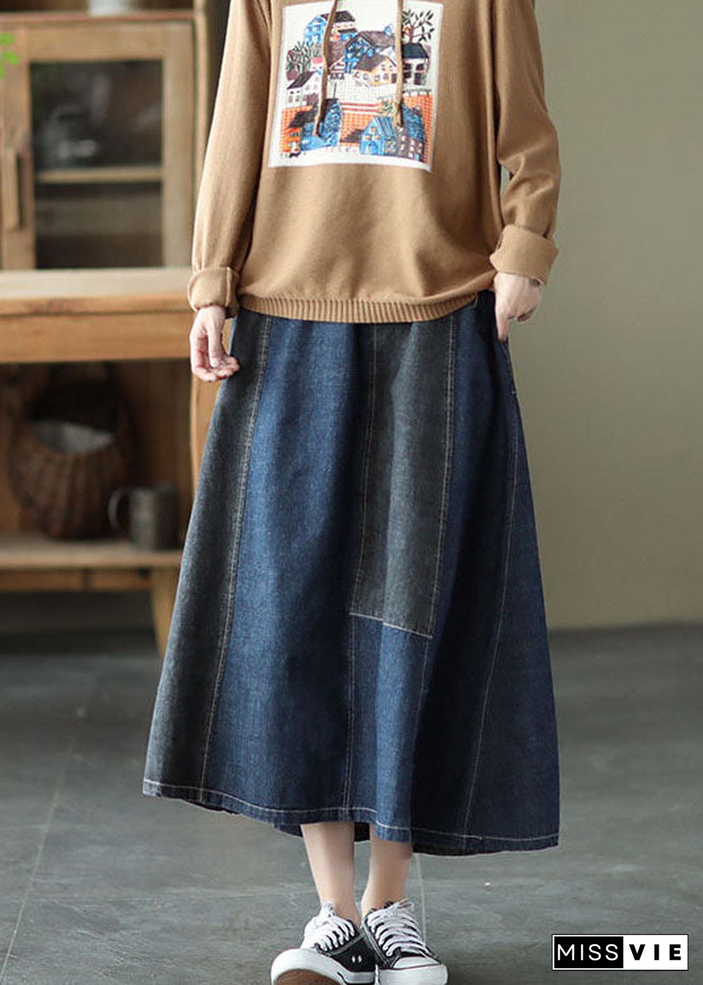 Dark Blue Denim Skirt Elastic Waist Button Spring