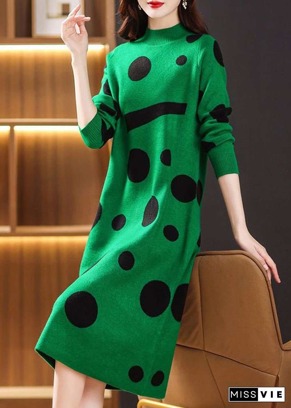 Green Dot Print Patchwork Knit Sweater Dress Turtleneck Long Sleeve