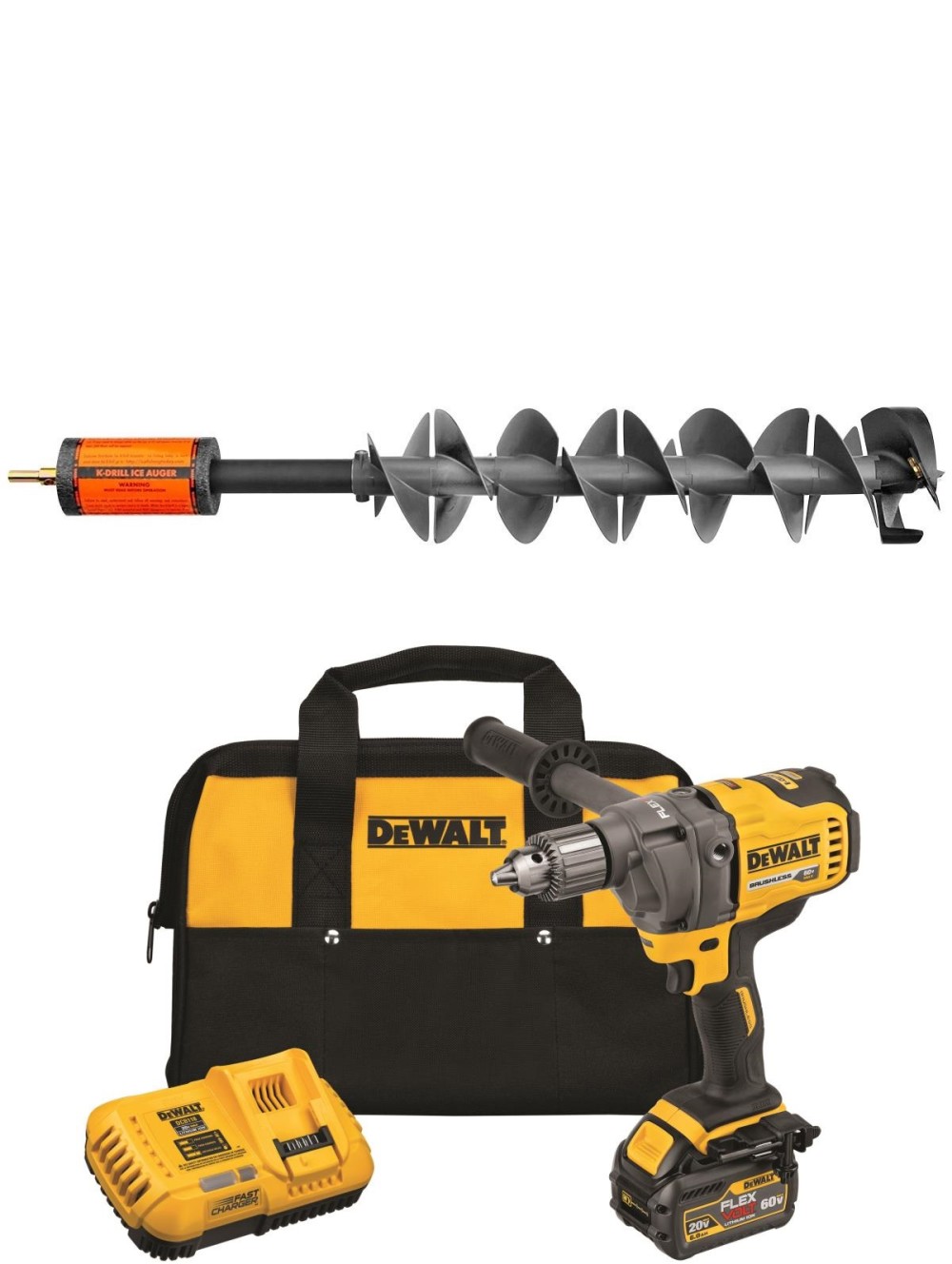 K-Drill 6 Ice Auger with DEWALT 60V Max Drill Kit Bundle ;