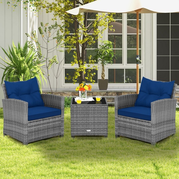 Costway 3pcs Patio Rattan Furniture Bistro Set Cushioned Sofas Side Table Armrest