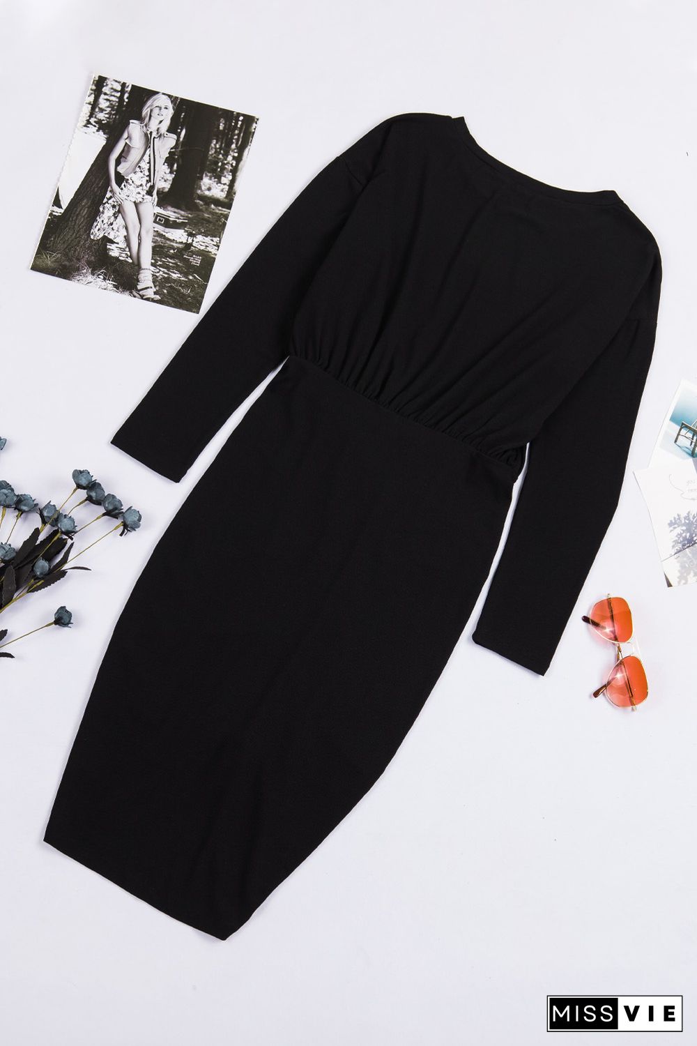 Black Crewneck Long Sleeve Shirred Split Bodycon Dress