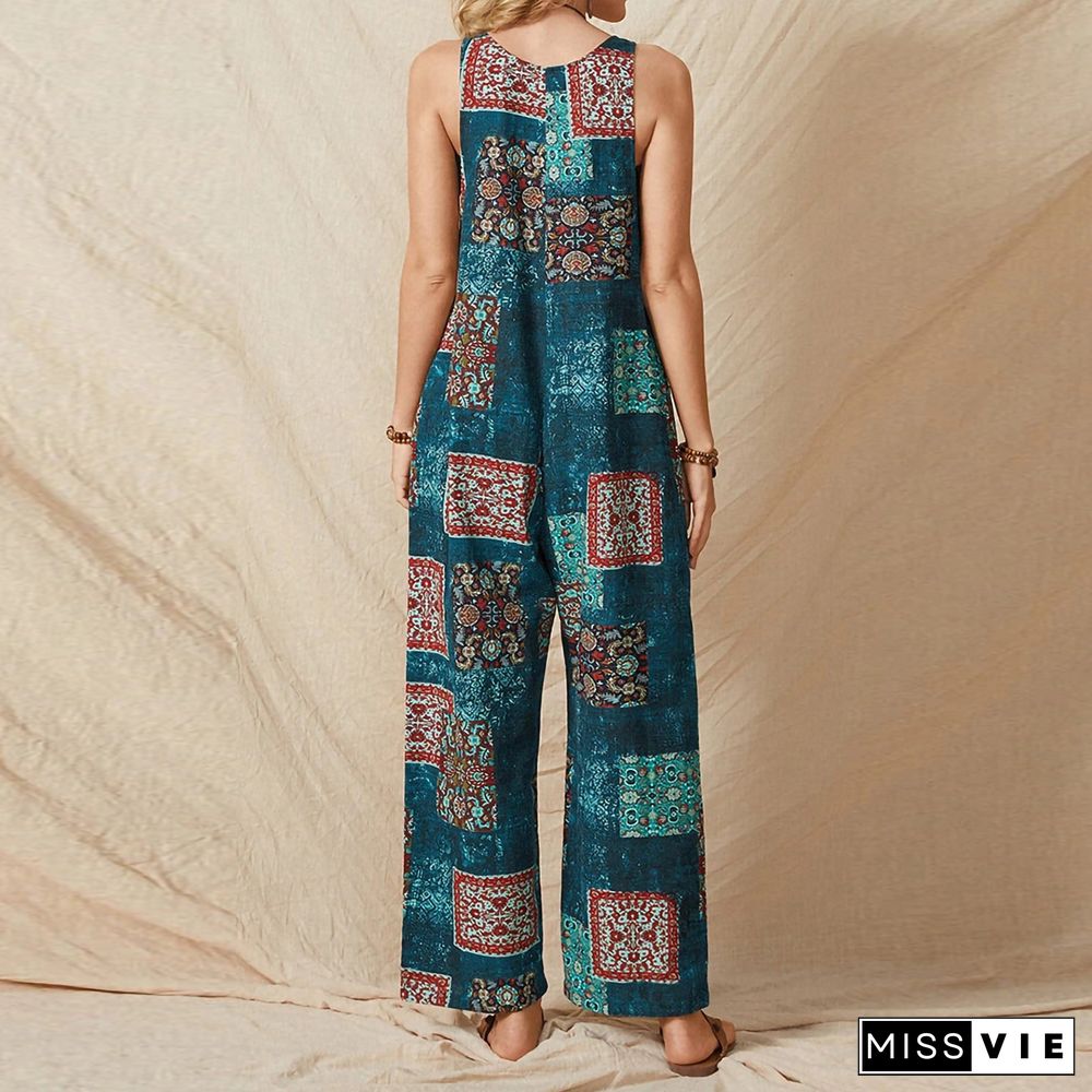 Women's Loose Print Suspenders Retro Casual Cotton Linen Jumpsuit