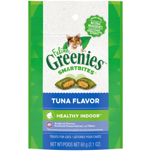 Feline Greenies SMARTBITES Healthy Indoor Natural Treats for Cats， Tuna Flavor， 2.1 oz. Pouch