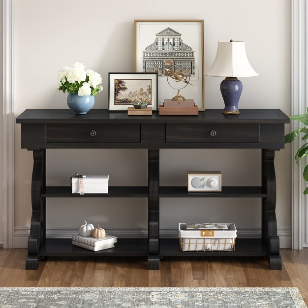 Retro Console Table sideboard With Ample Storage Open Shelves And Drawers Modernluxe