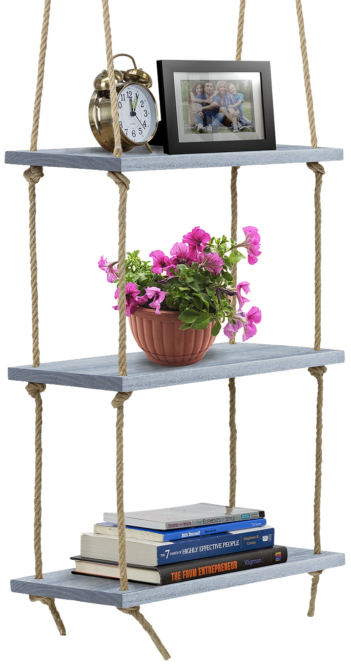 Sorbus 3 Hanging Floating Shelves - Rustic Wood Rope Floating Shelf Set - Grey