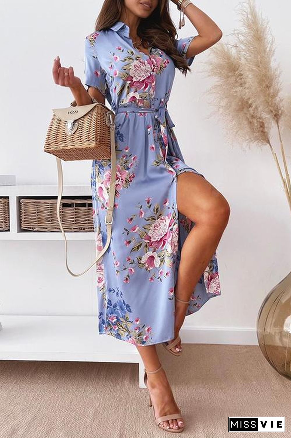 Vacation Print Short Sleeve Shirt Dress