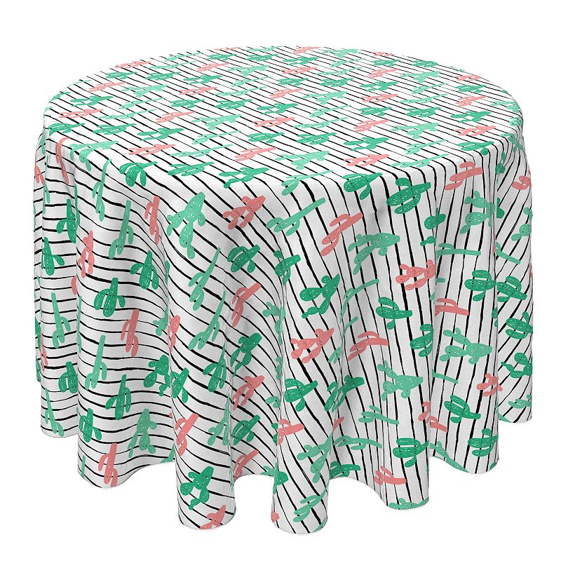 Round Tablecloth， 100% Cotton， 60 Round， Drawn Cactus Stripe