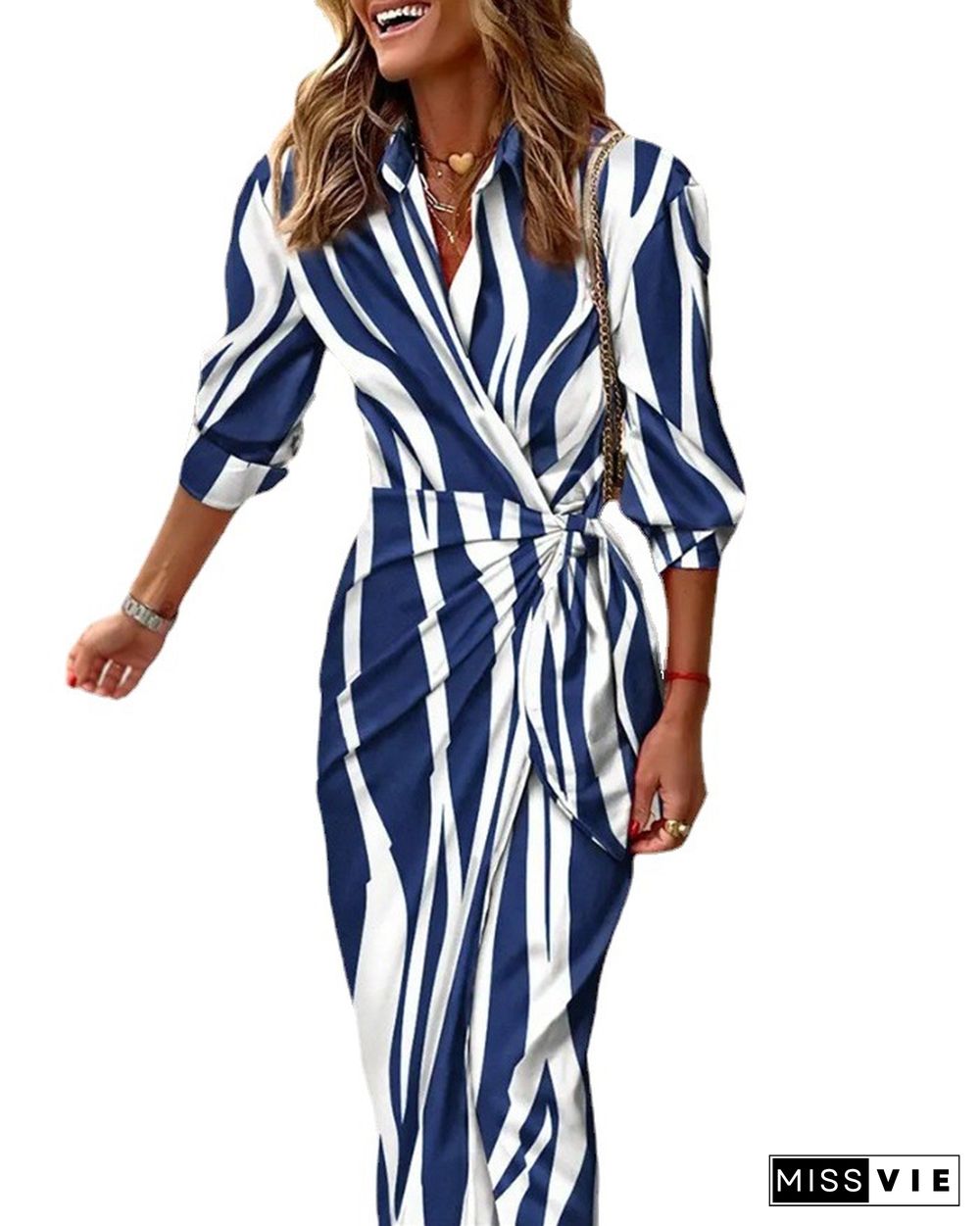 Fashion Print Lapel Shirt Tie Dress