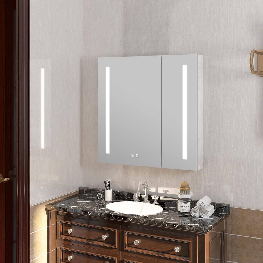 WELLFOR 30 in. W x 30 in. H Medium Aluminum Recessed or Surface Mount Medicine Cabinet with Mirror and Lighted W4MCL3030