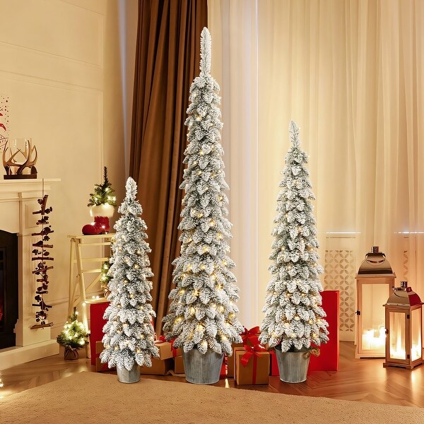 3Piece SnowFlocked Slim Artificial Tree Set with Battery Operated Lights