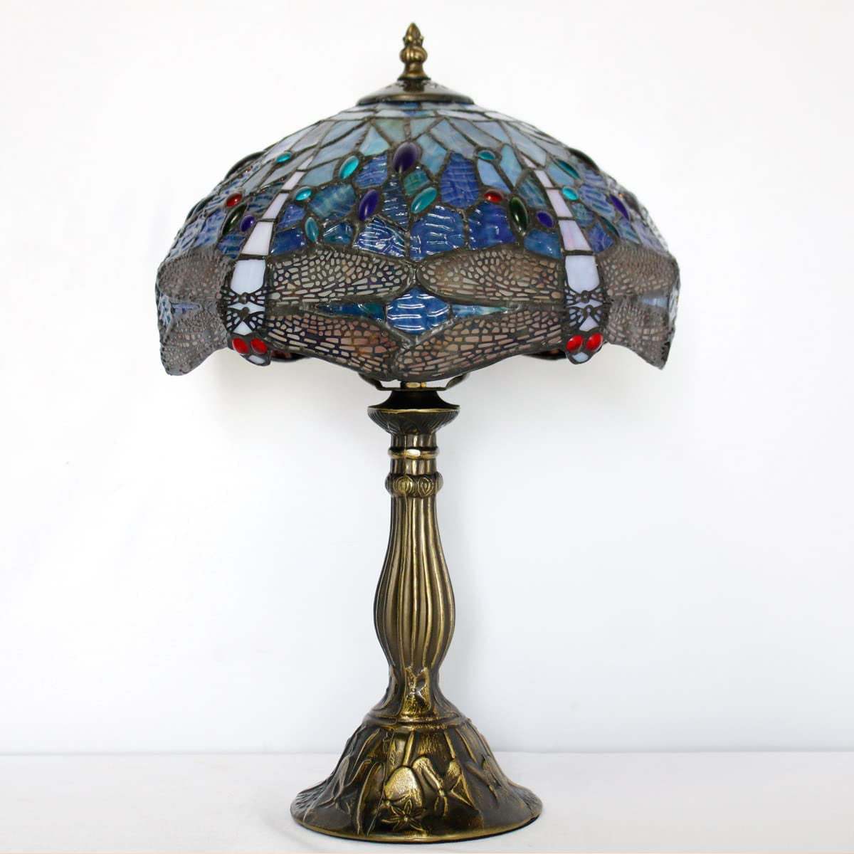 SHADY  Table Lamp Blue Stained Glass Dragonfly Style Desk Bedside Reading Light 12X12X18 Inches Decor Bedroom Living Room Home Office S631 Series