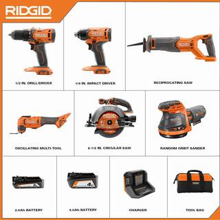 RIDGID 18V Cordless 6-Tool Combo Kit with 2.0 Ah Battery 4.0 Ah Battery Charger and Bag R96257