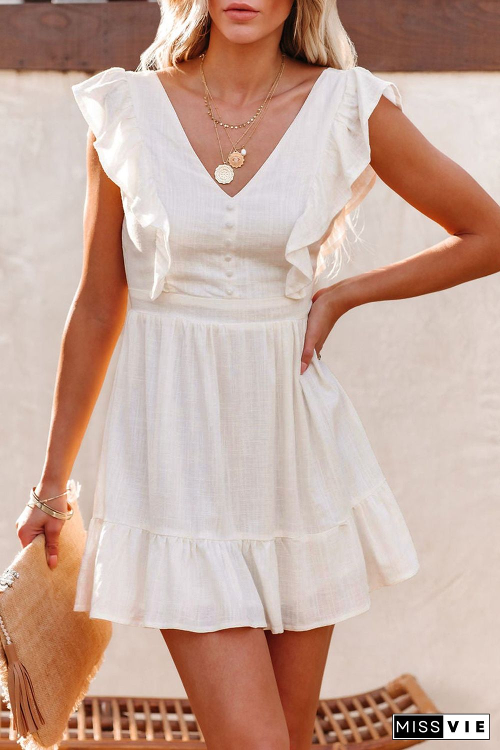 White V Neck Ruffles Open Back A-line Mini Dress