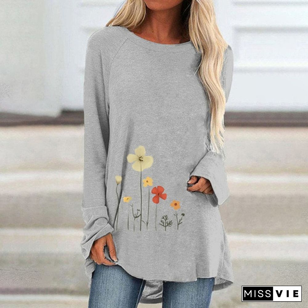 Spring and Autumn Plus Size Fashion Women Clothing Flowers Printed Casual T-shirt Ladies Long Sleeve Round Neck Pullover Tops