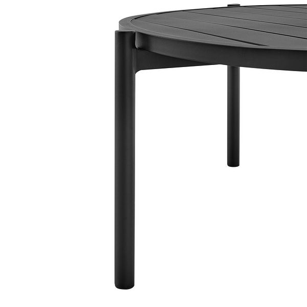 42 Inch Round Patio Coffee Table， Aluminum Frame， Slatted Surface， Black