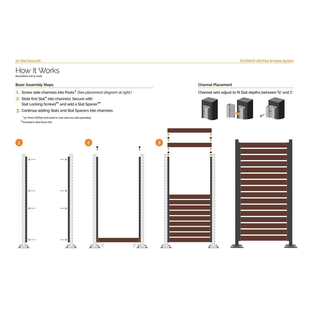 OUTDECO 72 in. Black Galvanized Steel Adjustable Slat Fence Frame Kit ODSL6