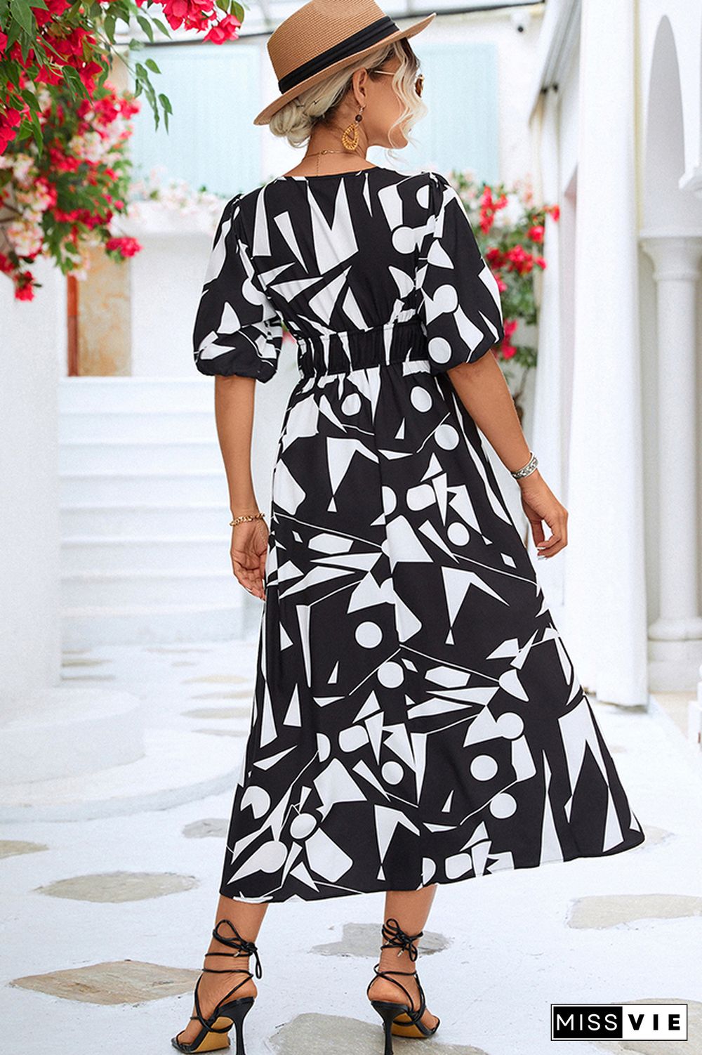 Wrap V Neck Geometric Print Bubble Sleeves Maxi Dress