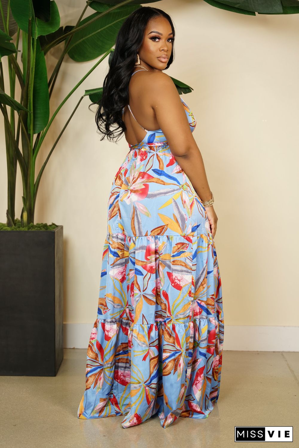 Sexy Floral Print Spaghetti Strap Backless Maxi Dress