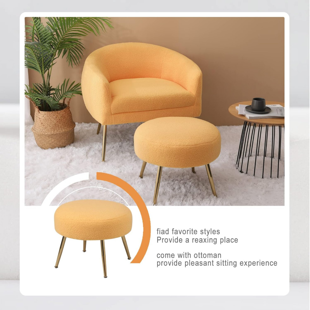 Modern Accent Chair With Ottoman  Golden Legs  ampPlush Teddy Fabric Seat  Yellow   Modern   Armchairs And Accent Chairs   by Decor Love  Houzz