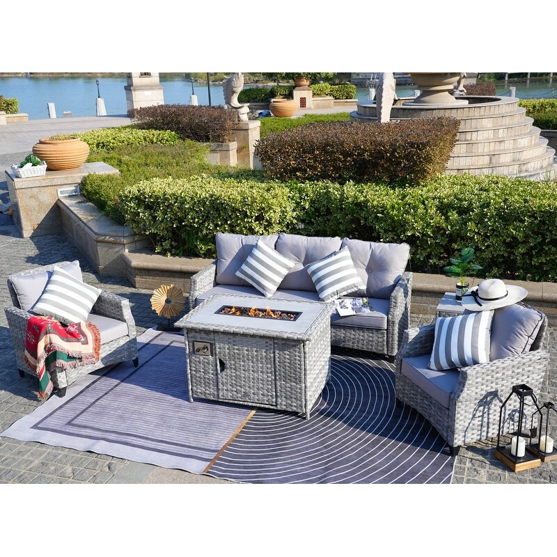 Braylee 5 piece Cushioned Patio Porch Sectional Set with Fire Pit and Rain cover