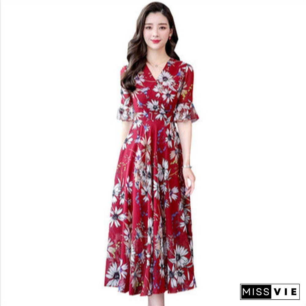 Fashion Floral Print Slim A-Line Dress Elegant Ladies Long Dress Women V-Neck Short Sleeve Chiffon Party Dresses