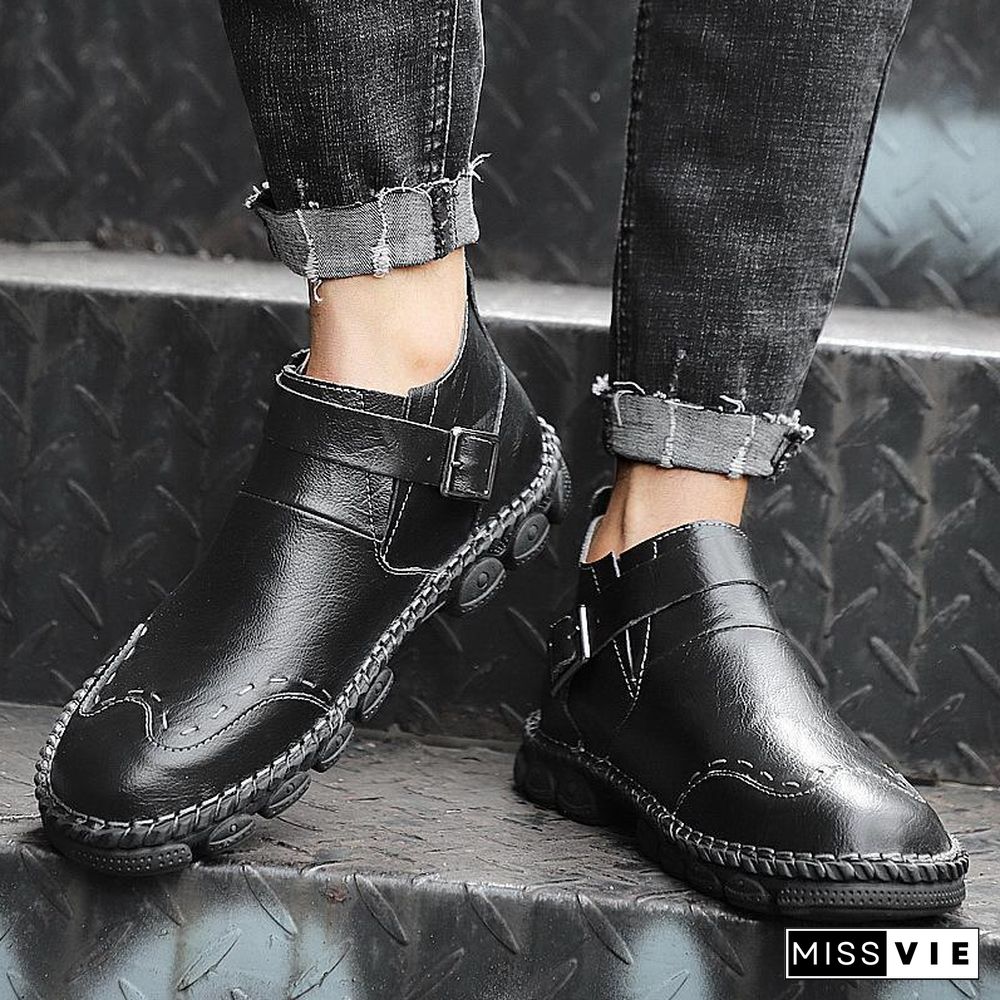 Large Size Hand Stitching Genuine Leather Non-slip Retro Ankle Boots