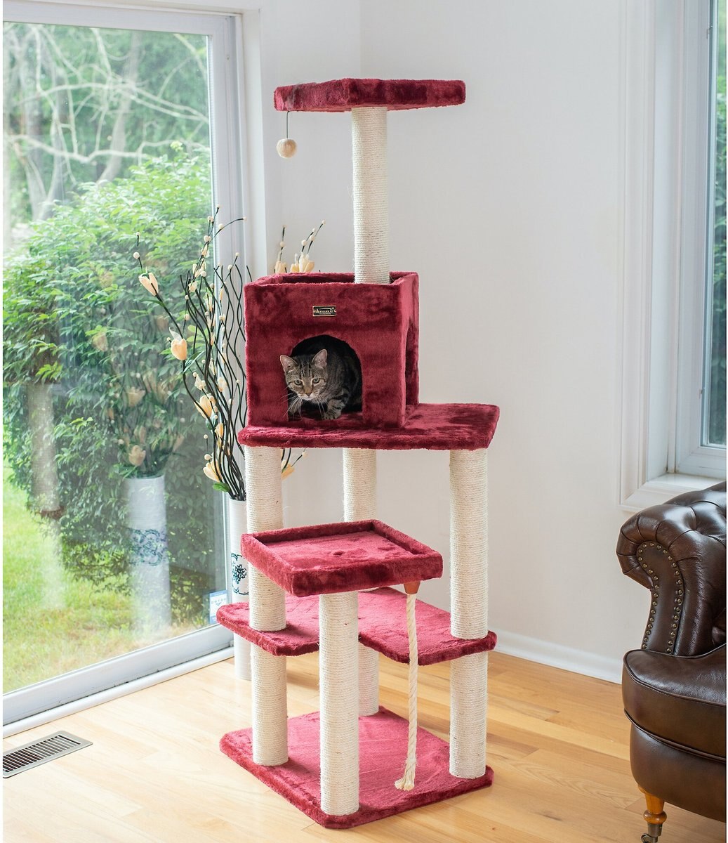 Armarkat 69-in Faux Fur Covered Houseand Cat Tree， Burgundy