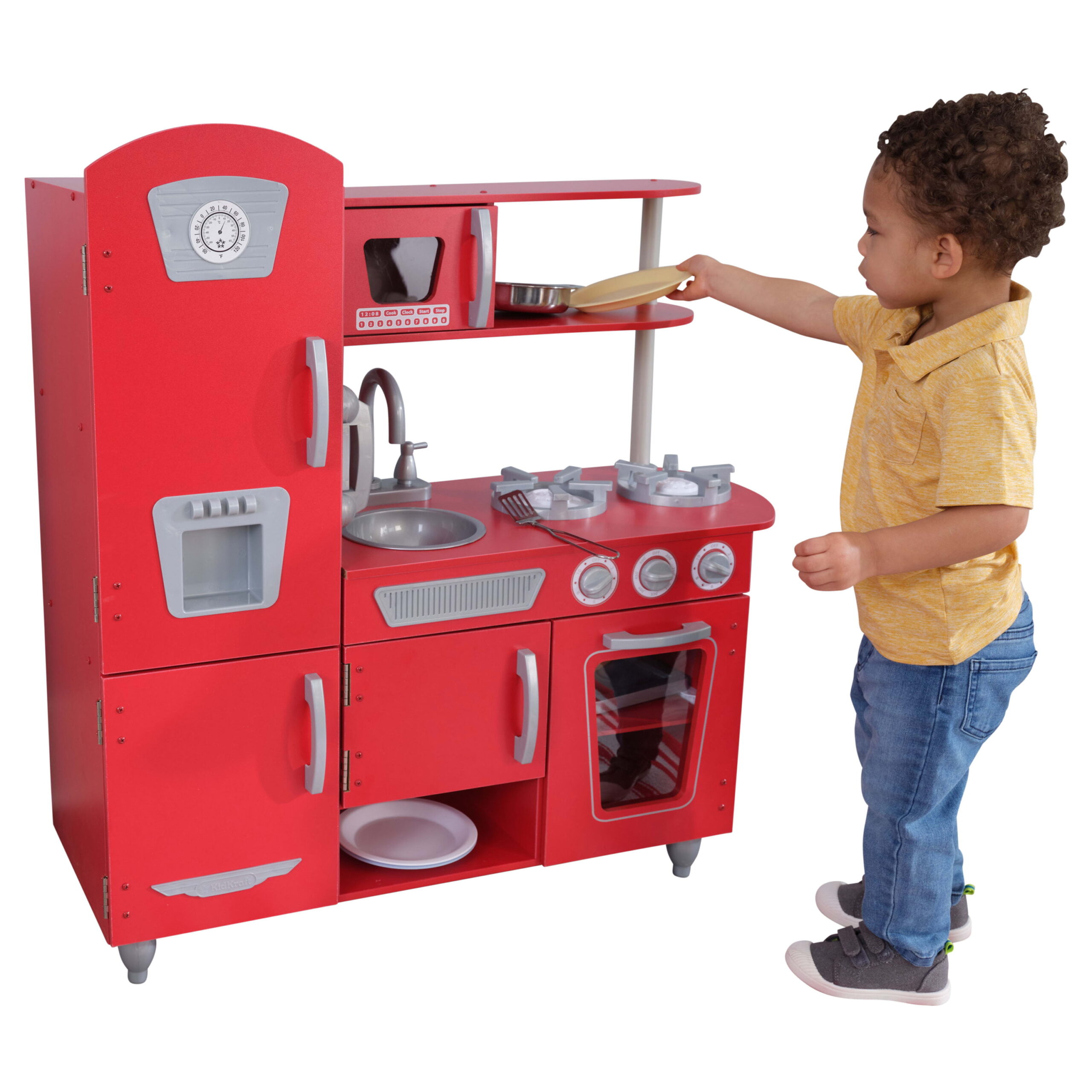 KidKraft Red Vintage Wooden Play Kitchen with Stainless Steel-Look Trim， Play Phone