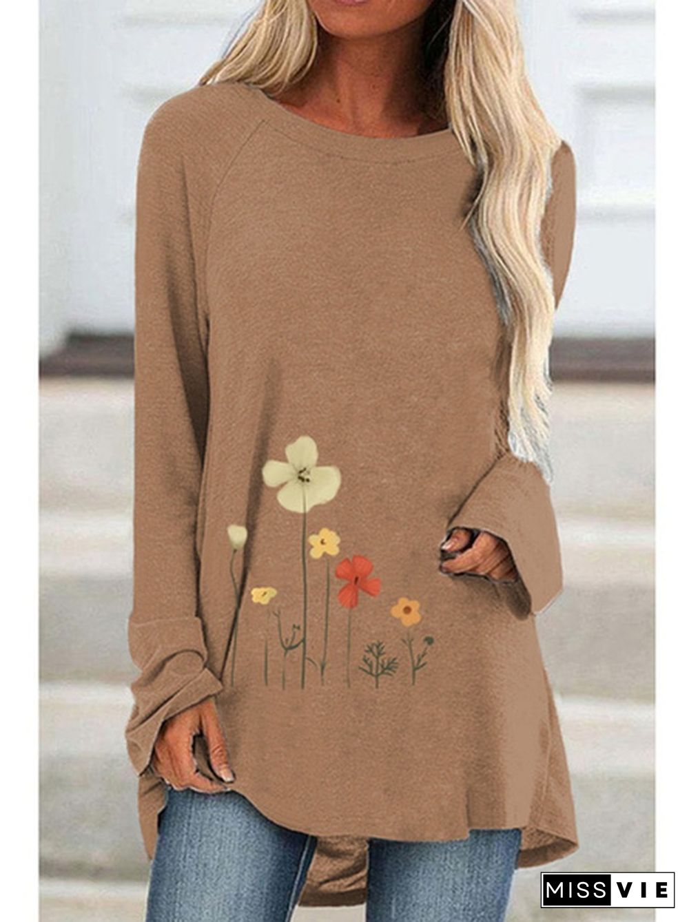 Spring and Autumn Plus Size Fashion Women Clothing Flowers Printed Casual T-shirt Ladies Long Sleeve Round Neck Pullover Tops