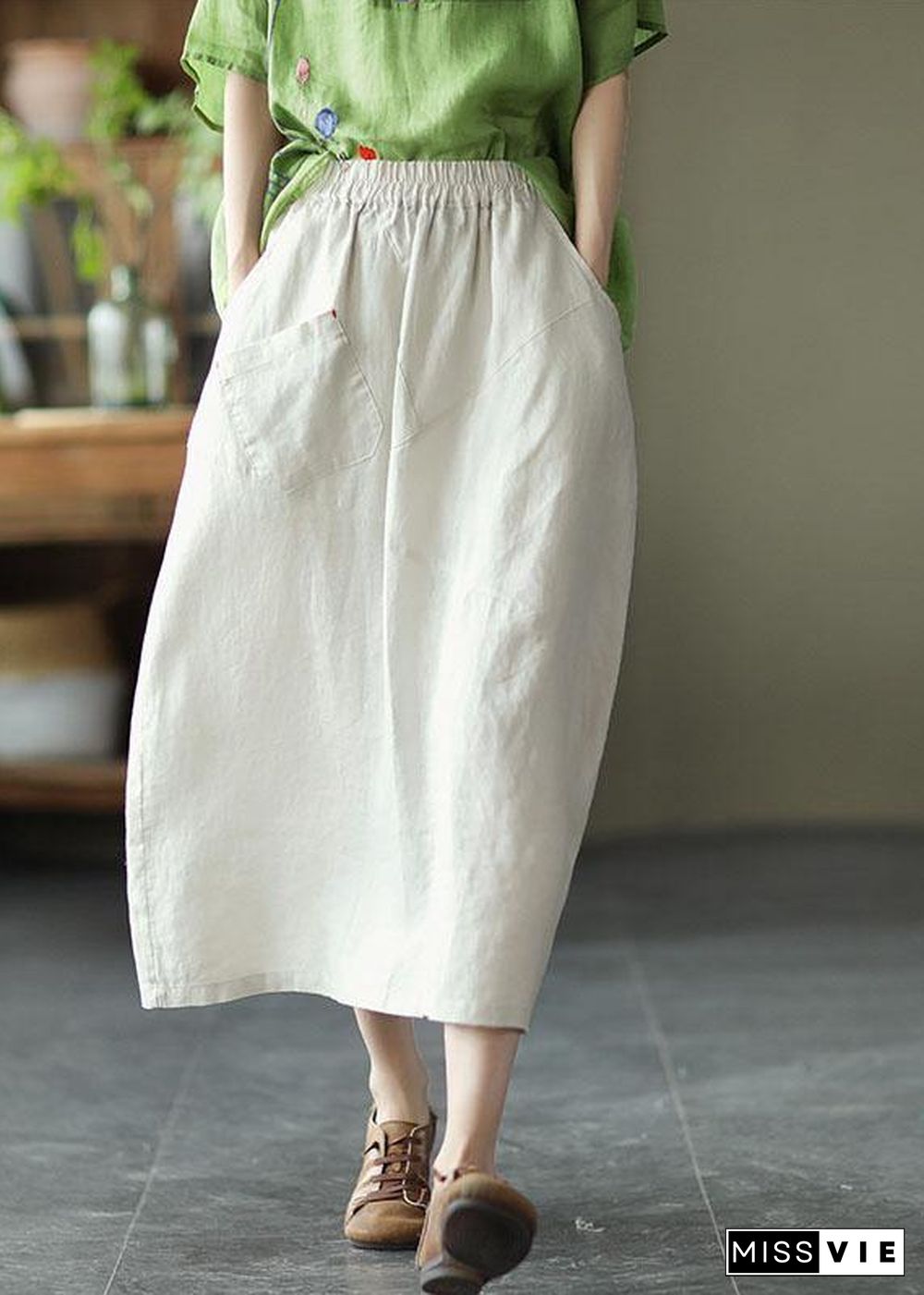 Elegant White Patchwork Pockets A Line Skirts Linen