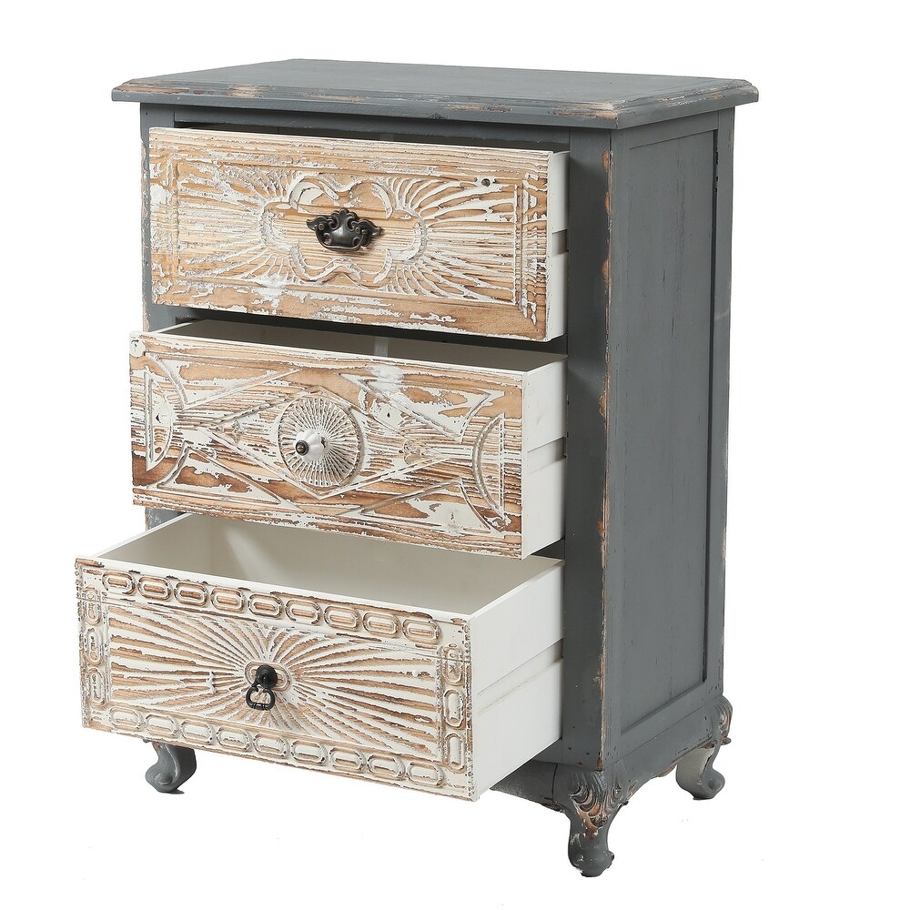 Rustic Weathered Grey Carved Wood 3 drawer Chest Nightstand