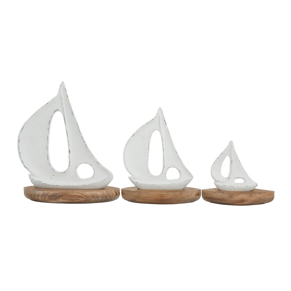 White or Blue Wood Sail Boat Sculpture with Wood Base (Set of 3)   S/3 11\