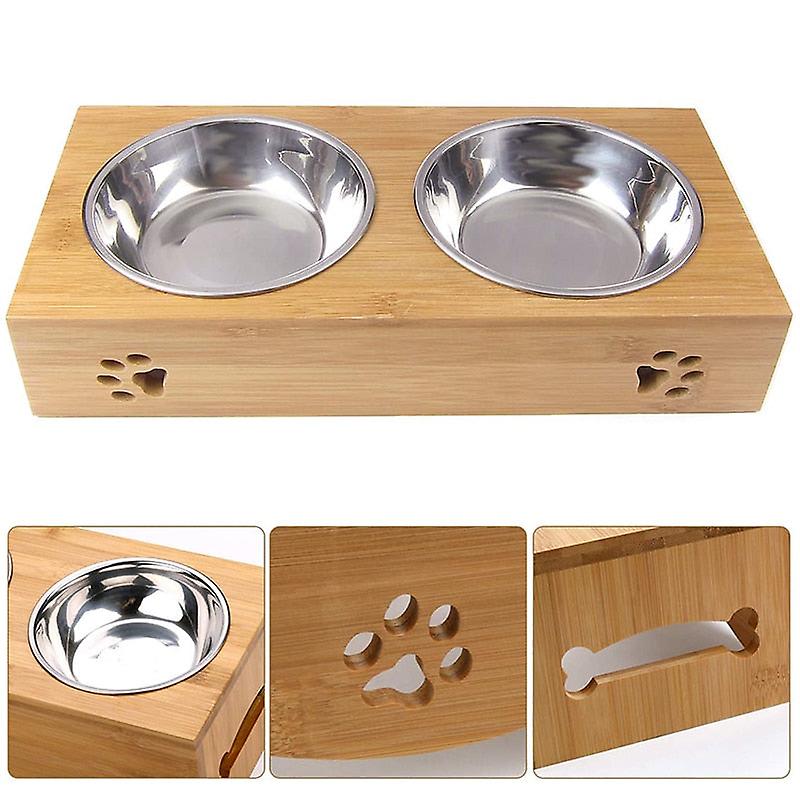 Anti slip bamboo stand dog double bowl