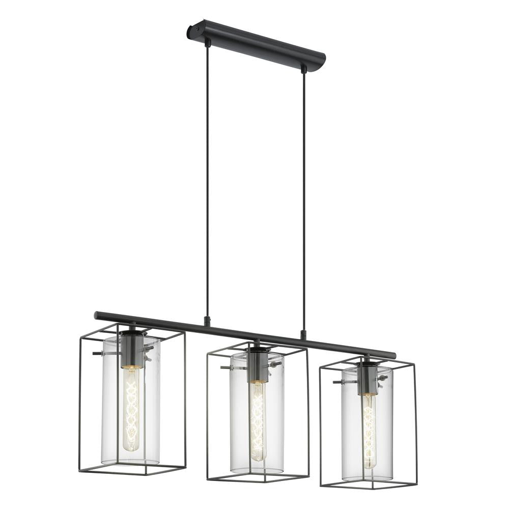 Eglo 49496 Loncino Vintage Black Wire Cube & Smoked Glass Tube Shades 3 Lamp Bar Pendant