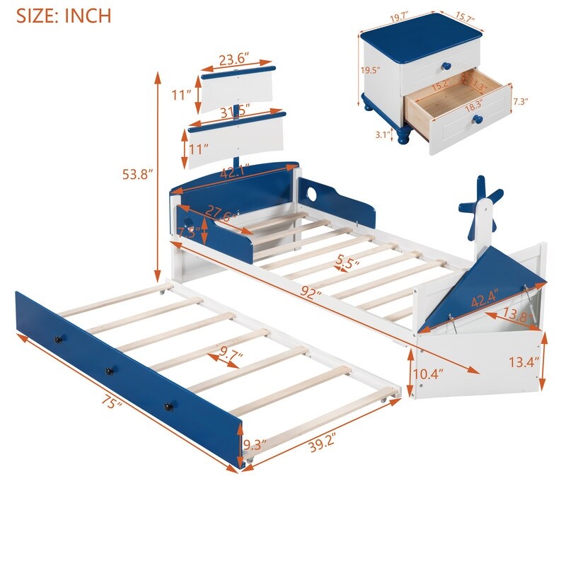 3Pcs Boat Shaped Platform Bed with Trundle and 2 Nightstands