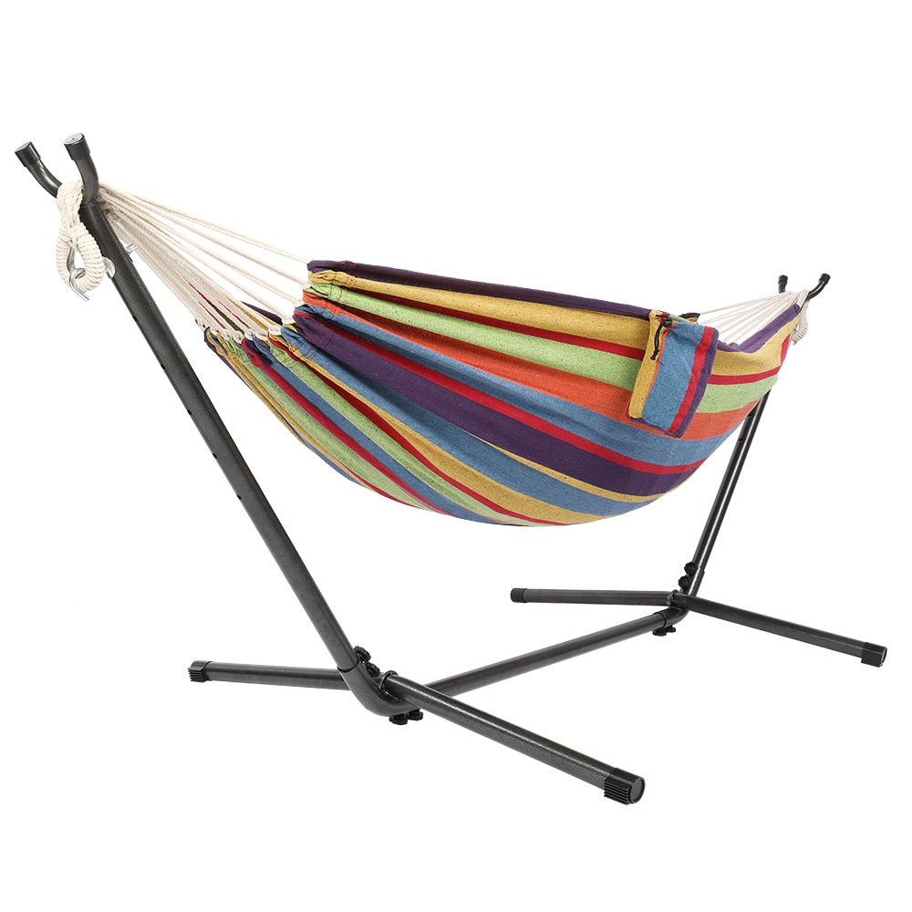 ONCLOUD 9 FT Heavy Duty Steel Stand with Double Hammock w/ Carrying Case,Pillows,Cup Holders for Outdoor or Indoor,Rainbow Stripe