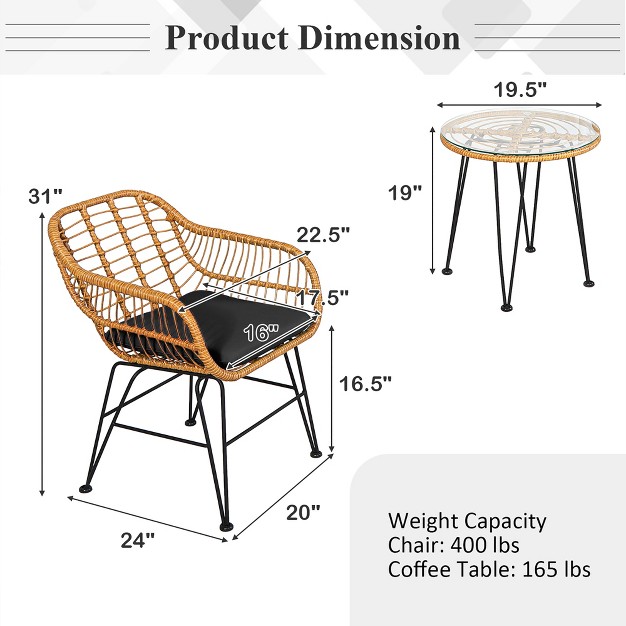 Costway 3pcs Patio Rattan Bistro Furniture Set Cushioned Chair Table