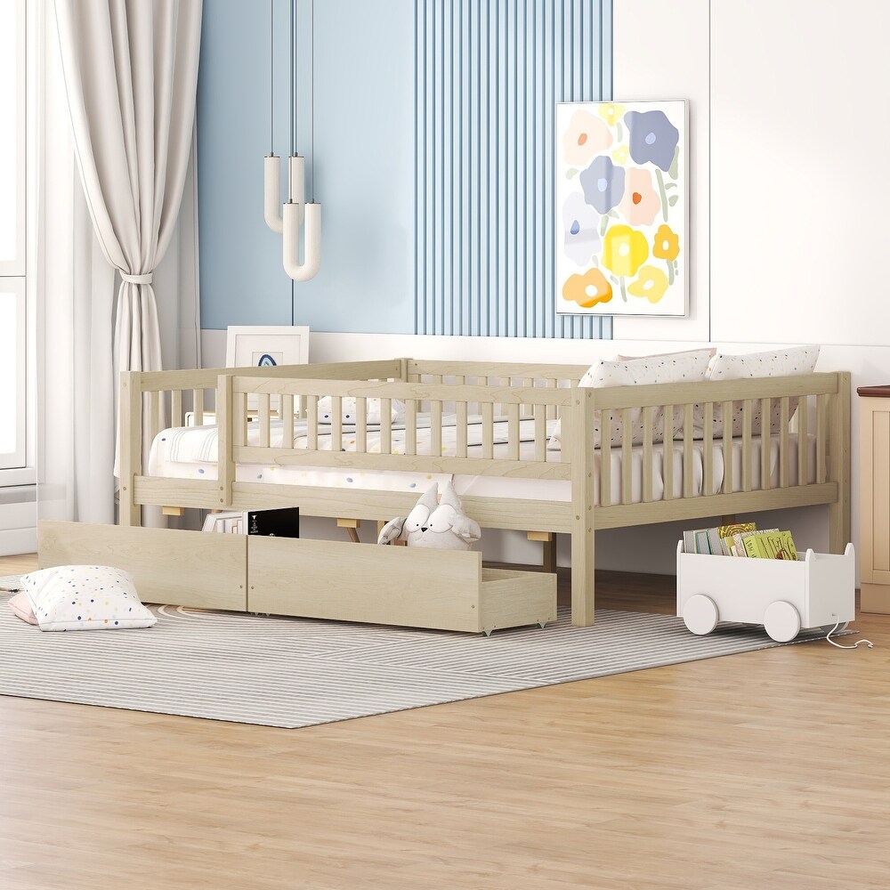 Full Size Daybed Platform Bed Wood Sofa Bed with 2 Storage Drawers and Safey Rail for Kids Bedroom