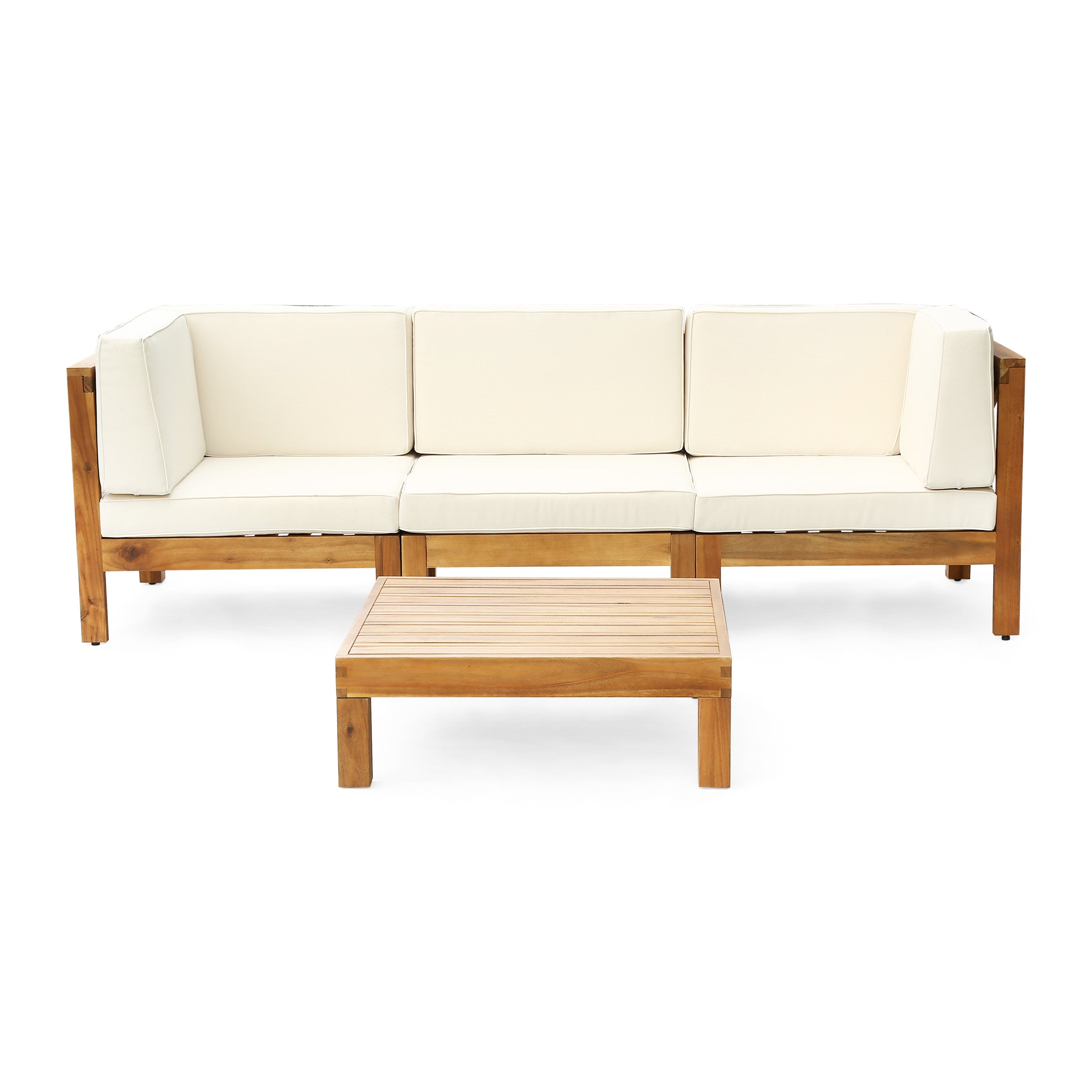 Dawson Outdoor Sectional Sofa Set with Coffee Table - 4-Piece 3-Seater - Acacia Wood - Outdoor Cushions