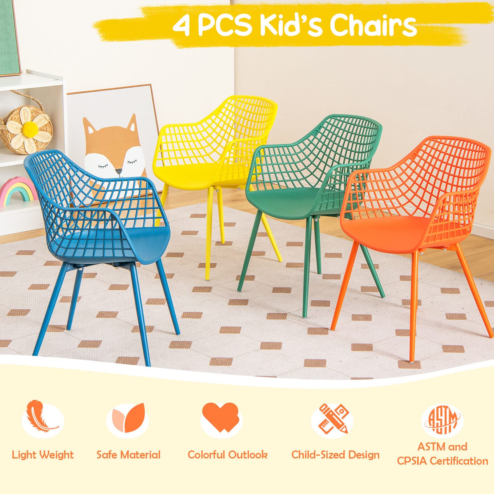 ostzon Kids Chair, 4-Piece, Child-Size Chairs with Curved Backrest, Ergonomic Armrests, Metal Legs