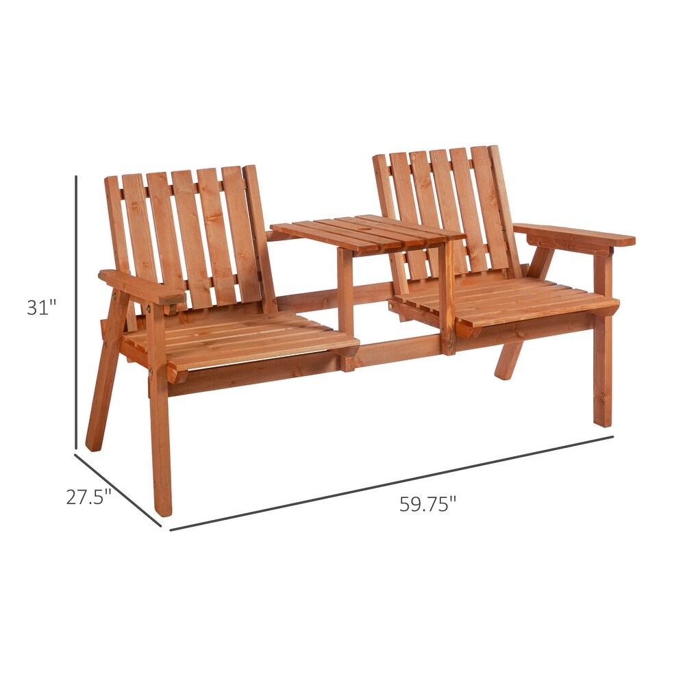 Outsunny Outdoor Patio Wooden Double Chair Garden Bench with Middle Table   Natural Weather Fighting Materials   60\