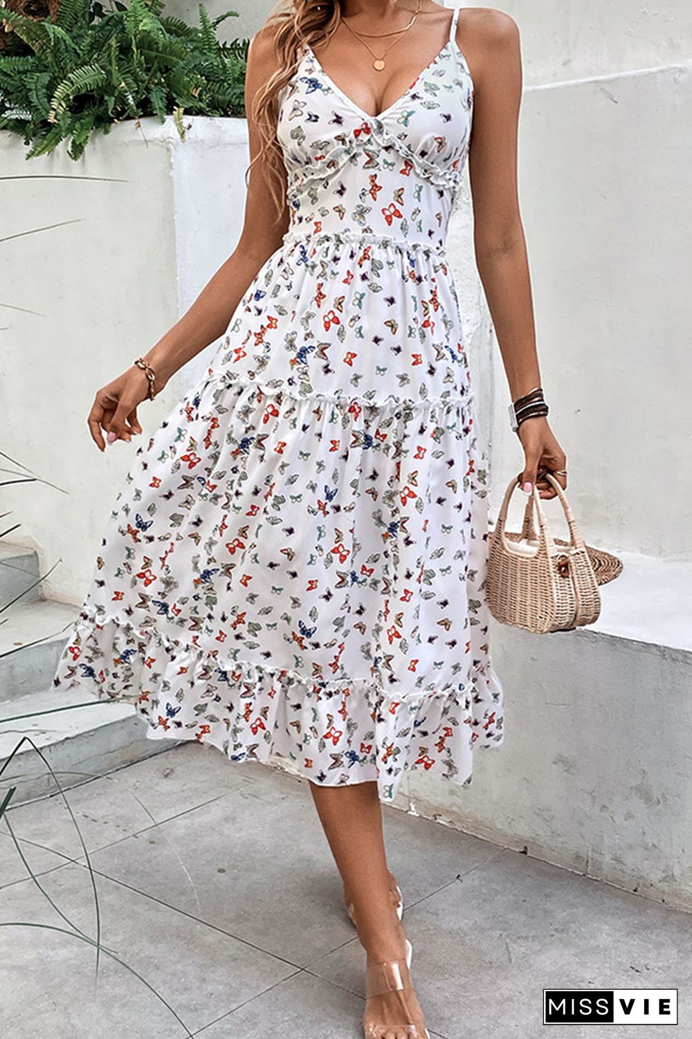 Butterfly Print Tiered Spachetti Dress