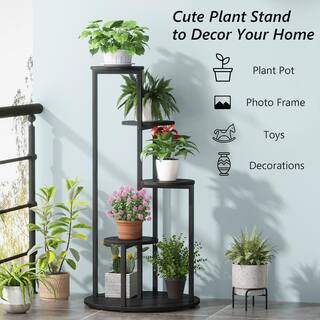 BYBLIGHT Wellston 40.94 in. H Black Round Wood Corner Plant Stand Indoor 5 Tier Potted Ladder Holder Flower Rack BB-U0183-XMX