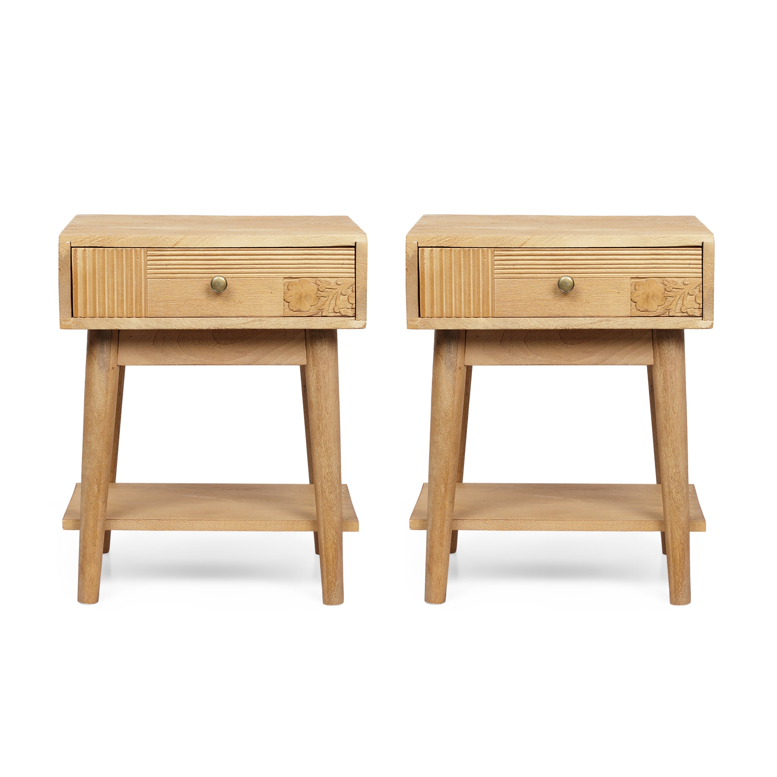 McManus Tennille Boho Handcrafted Mango Wood Nightstand with Drawer, Set of 2, Natural