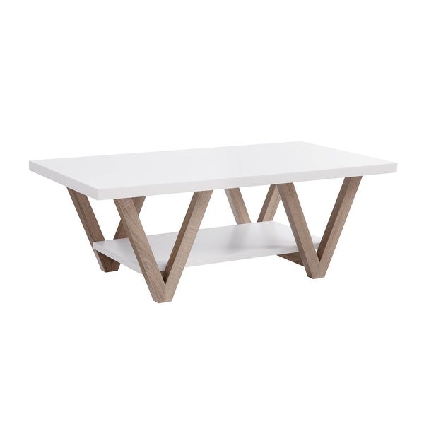 47， 22 Inch Coffee Table with End Table， Bottom Shelf， V Legs， White， Taupe